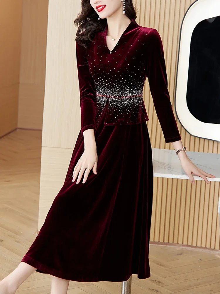 Autumn Winter Red Velvet Patchwork Ruffled Long Dress Fashion Sequins Luxury Female\'s Dress 2024 Vintage Elegant Evening Dresses