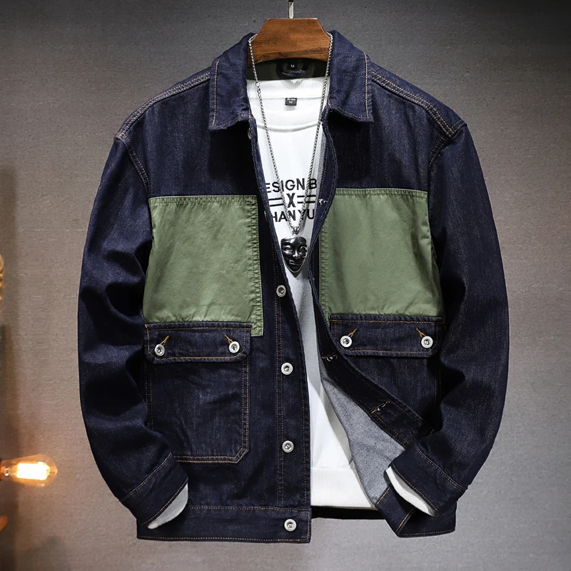 

2024New Autumn Japanese Style Denim Jacket Men's Washed-out Vintage Stitching Shirt Trendy Leisure Cargo Plus Size Coat