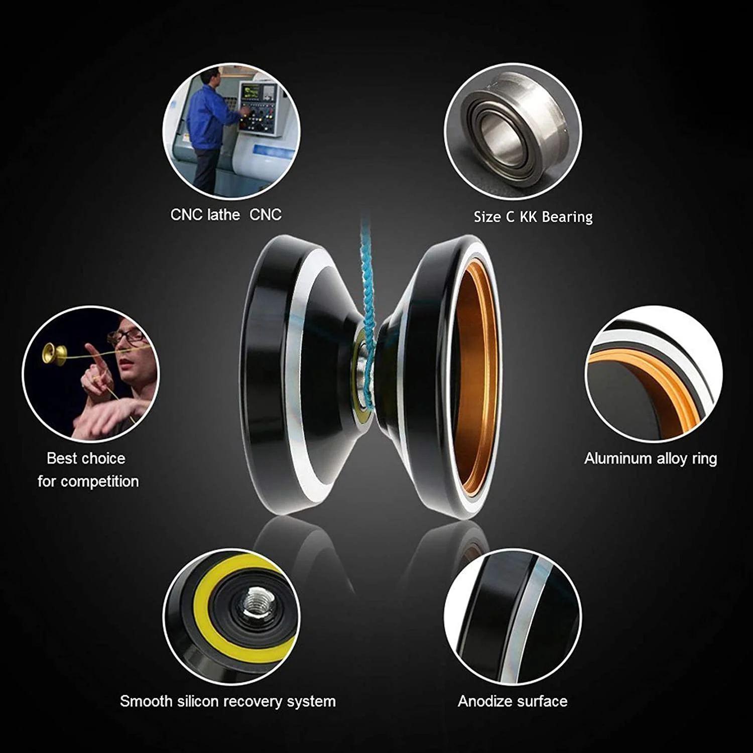 실용적인 MAGICYOYO 전문 비 반응형 요요 M001-B, 금속 링이 있는 합금 알루미늄 요요 중간 요요 + 추가 5줄