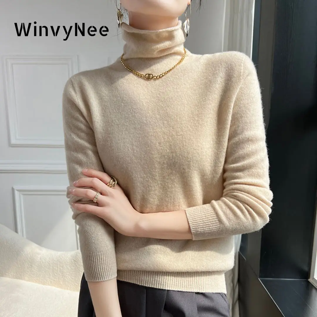 WinvyNee Women Clothing 100% Wool Sweater Stacked Collar Long Sleeve Solid Pullovers Soft Knitwear Tops Autumn Winter A1263016