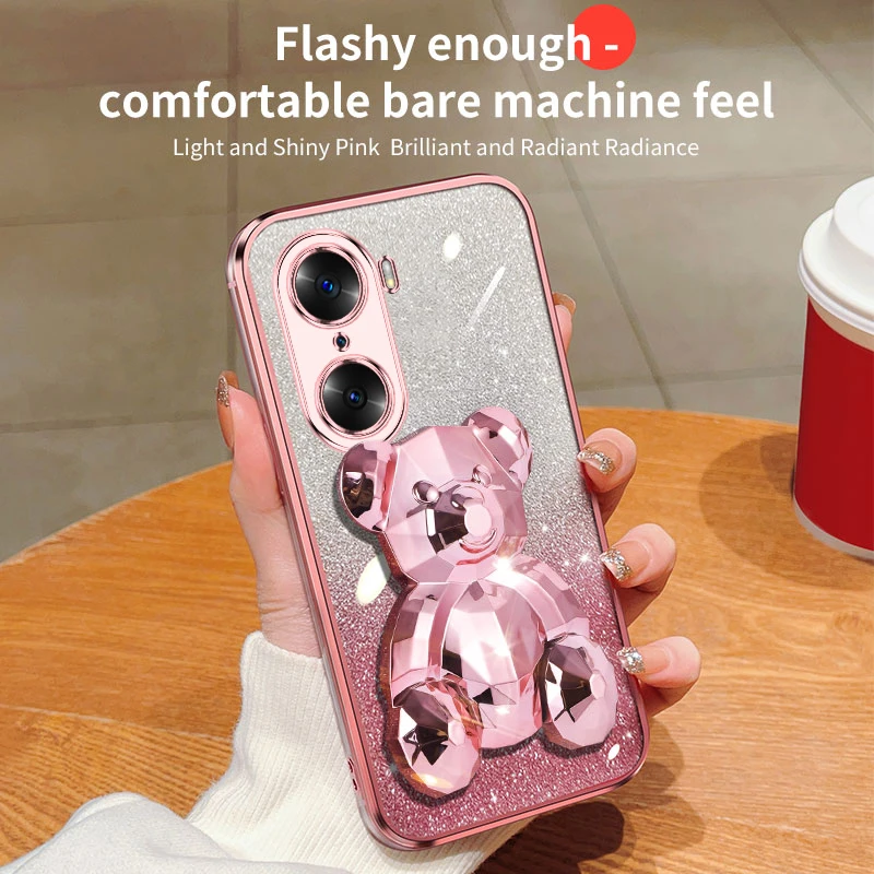 Honor50 60 Luxury Glitter Plating Bear Holder Case For Huawei Honor 60 20 50 30 90 Pro 30 20 Lite 30s Stand Cover Nova 10 11 Pro