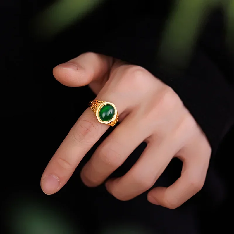 

9999 Real Gold 24K Natural Stone Agate Egg Surface Inlaid Jade Ring, Live Jasper Agate Men's Ring