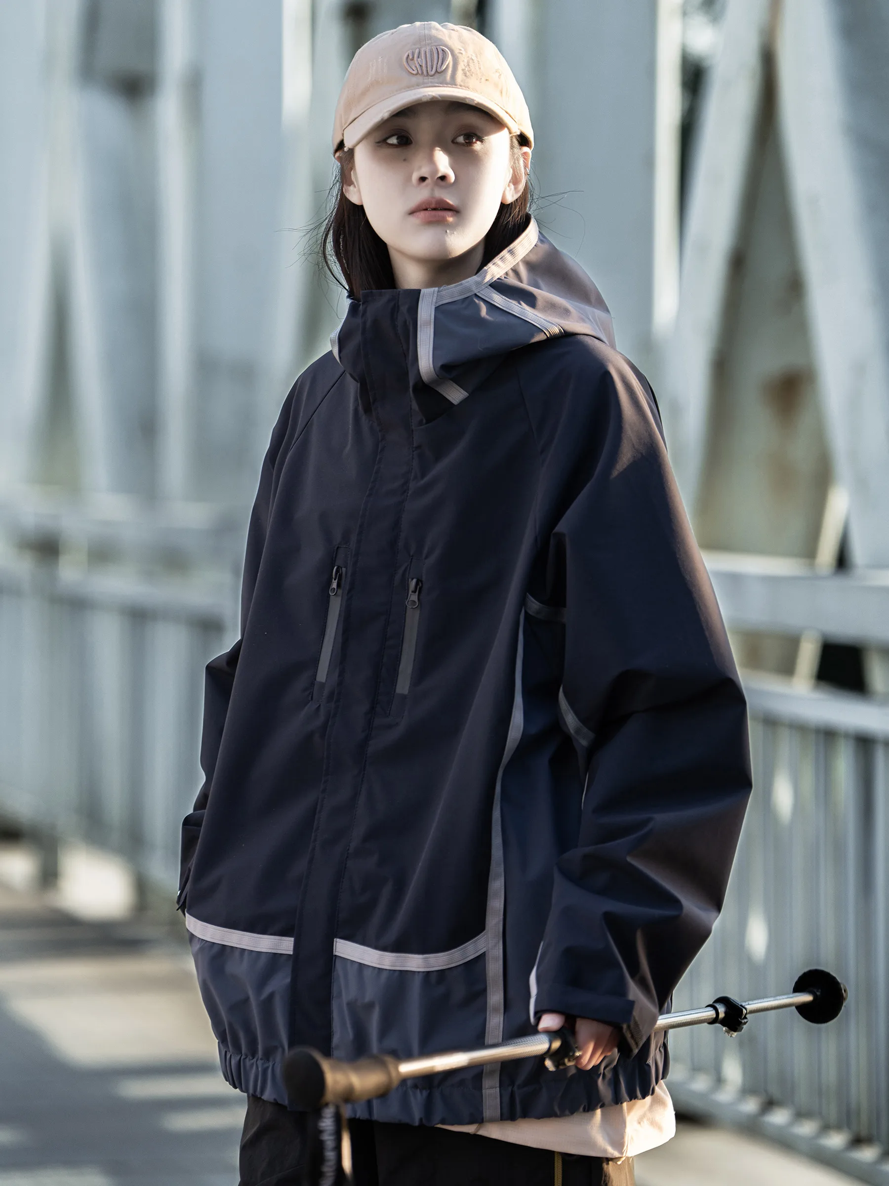 XiaoBin Spring Outdoor Color Block Jacket Unisex Couples Workwear Coat Loose Fit Youthful Style Contrast Color Polyester Mate...
