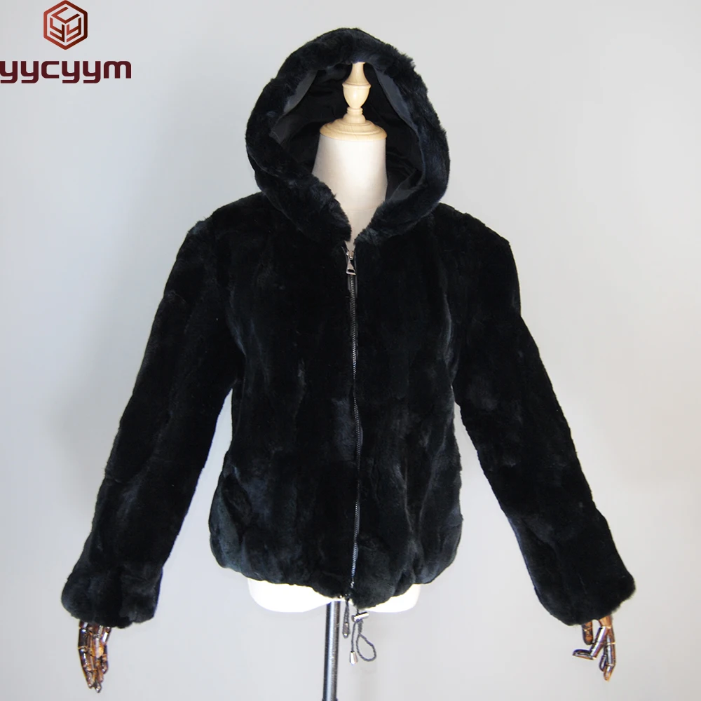 New Style Winter Brand Women Real Rex Rabbit Fur Hooded Coat Thick Natural Rex Rabbit Fur Jacket Luxury Lady Warm Real Fur Coat