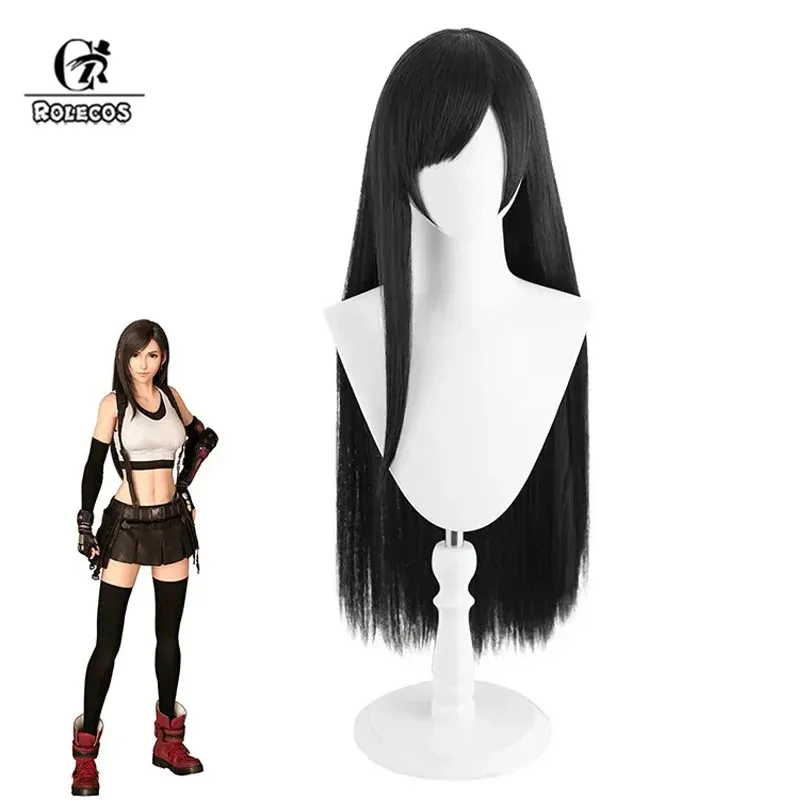 

ROLECOS Final Fantasy Тифа Косплей Парики Тифа 80 см Длинные Прямые Черные Хэллоуин Cos Парик Термостойкие Синтетические Волосы