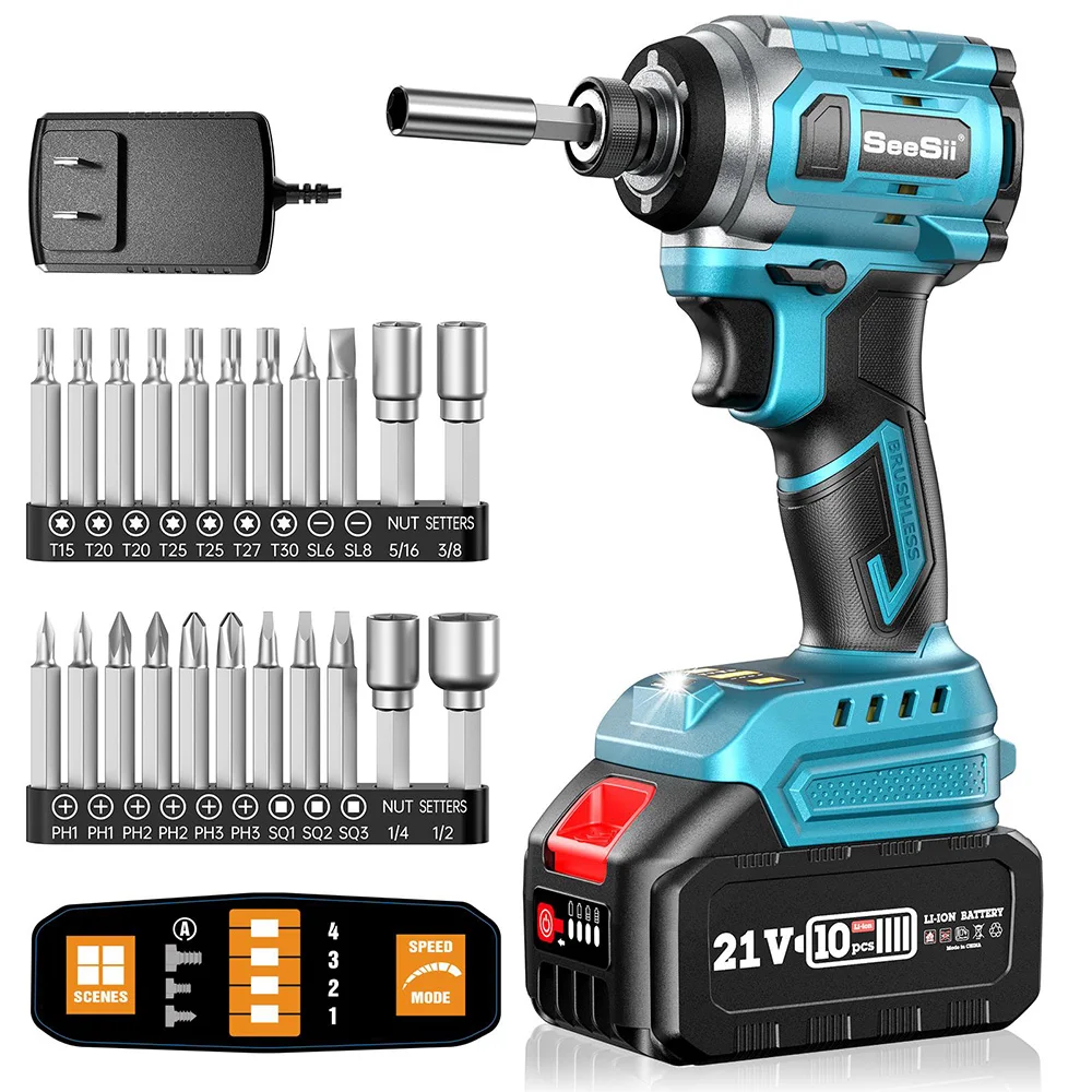 Seesii 220Nm Cordless Electric Screwdriver 1/4'' Brushless Electric Screwdriver Electric Drill Impact Driver Kit for Makita 18V