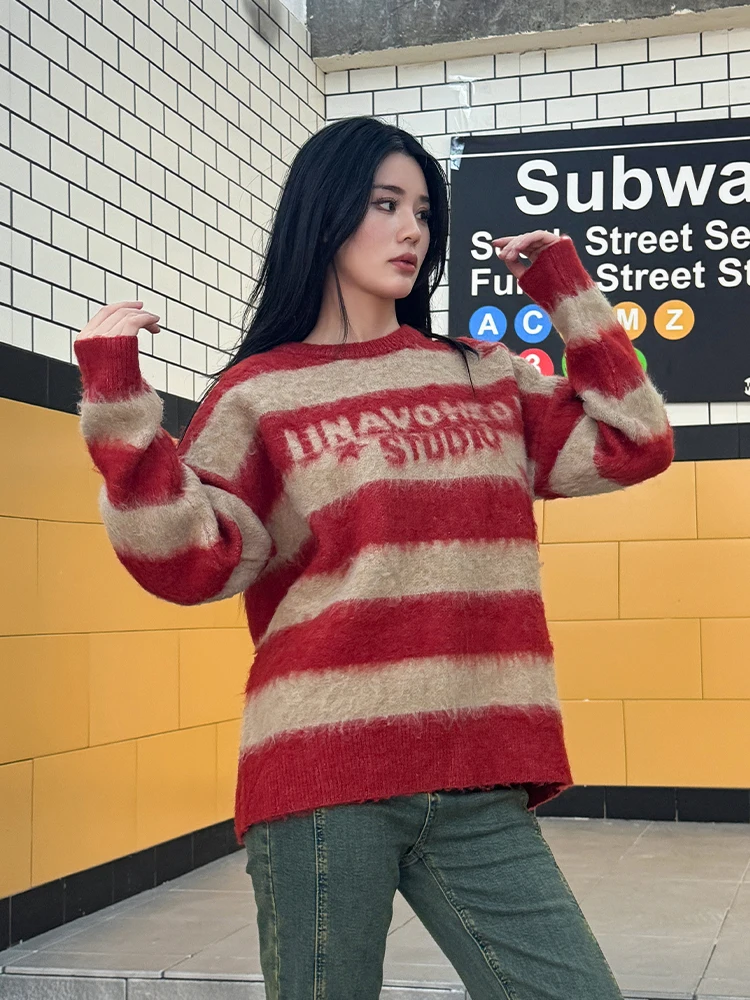 

BETTERSAY Autumn Winter New Lazy Sle Striped Color Blo round Ne Mid-Length Sweater Outerwear Soft Polyester Blend Long ...