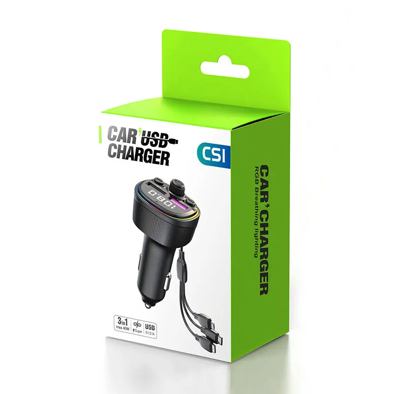 Bluetooth 5.0 FM transmitter Type-C 66W super fast charging car charger with Type-C three-in-one charging cable car charger