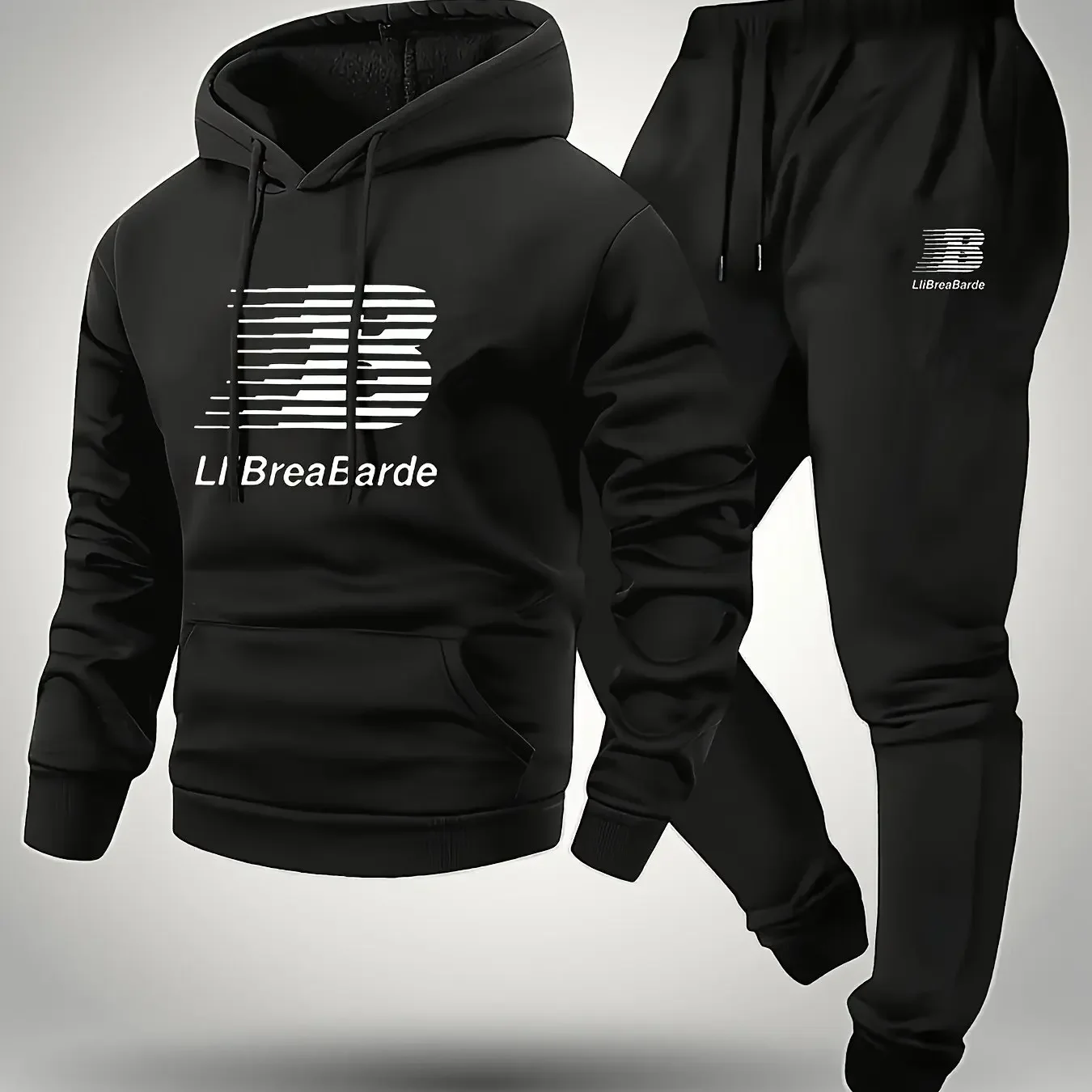 Autumn Winter Men's Casual Warm Outfit Printed Hooded Sweatshirt + Long Pants 2 Piece Set Comfortable Sportswear