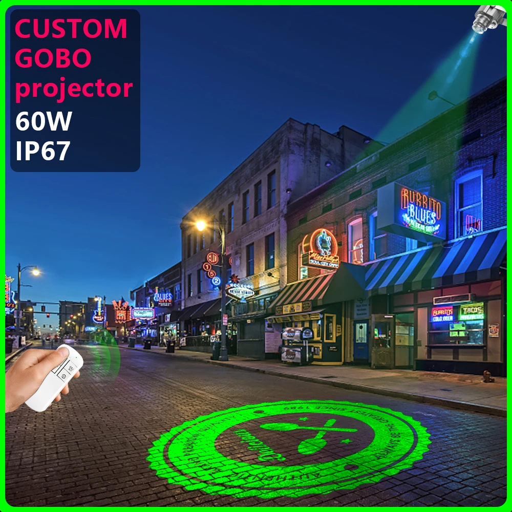 

Custom 60WSilver Led HD Indoor Door Head Outdoor ip67 Waterproof Rotating Advertising Image Projection Lamp Gobo Logo Projector