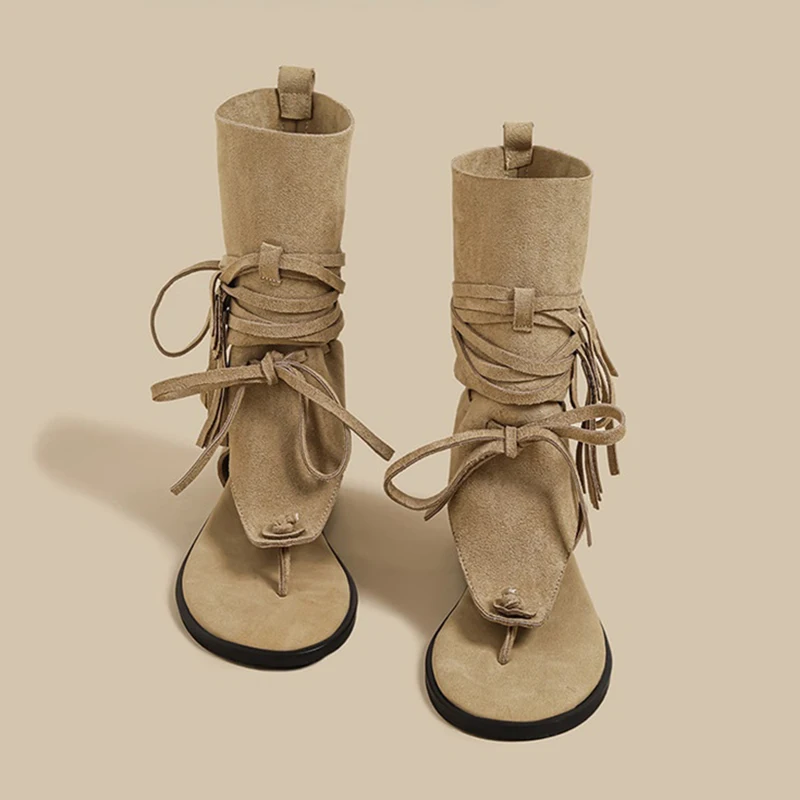 New Women Gladiator Fringe Ankle Sandals Boots Suede Open Toe Lace Up Flat Bohemian Casual Summer Thong Sandals Shoes For Ladies