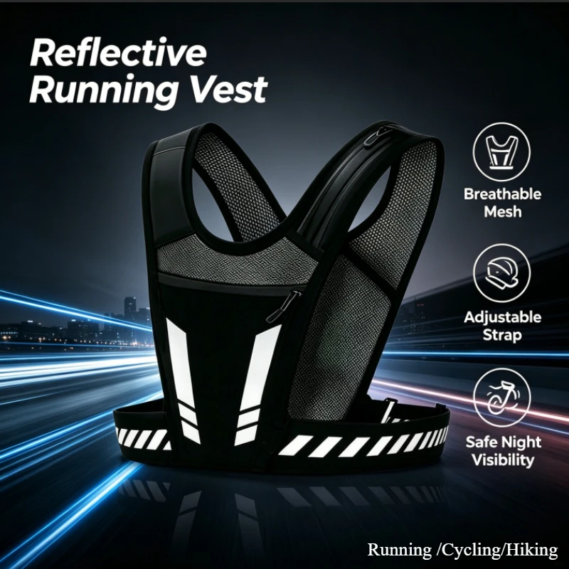 

Ultra-Light Reflective Running Vest High Visibility Safety Gear with Phone Water Bottle Pocket Breathable Cycling Harness for Ni