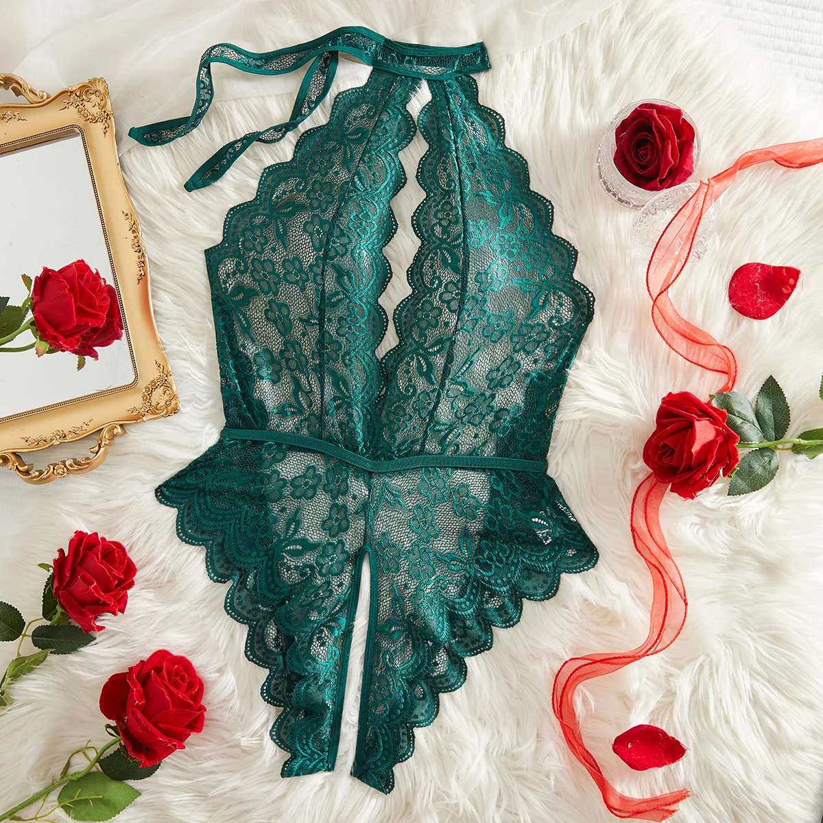 

Women Pajamas Green Backless Bodysuit Women Deep V Halter Transparent Bra Crotchless Lingerie Sheer Mesh Flower Lace Night Dress