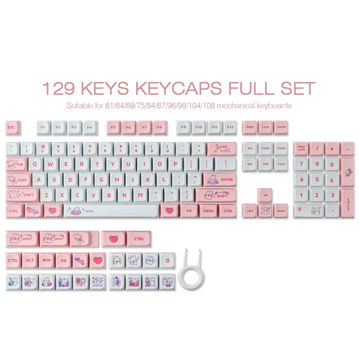 

Pink Bunny keycaps 129 Keys keycaps XDA Profile DYE-SUB Personalized For Mechanical Keyboard