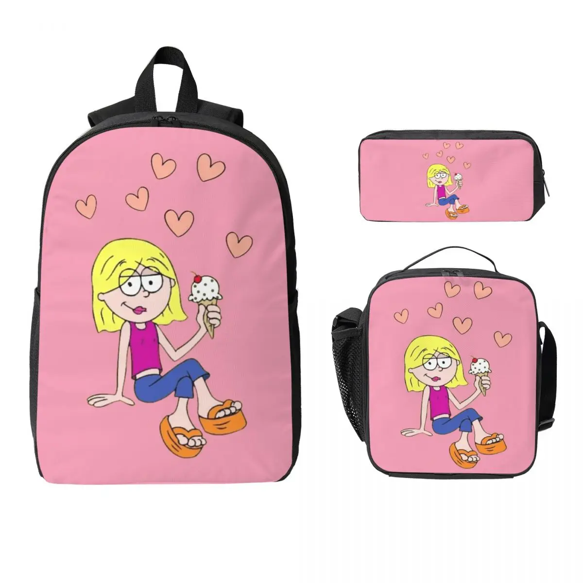 

Lizzie Mcguire Cartoon Backpack Student BookBag School Bag Computer Shoulder Bags 3ps Insulated Lunch Bag Pencil Case