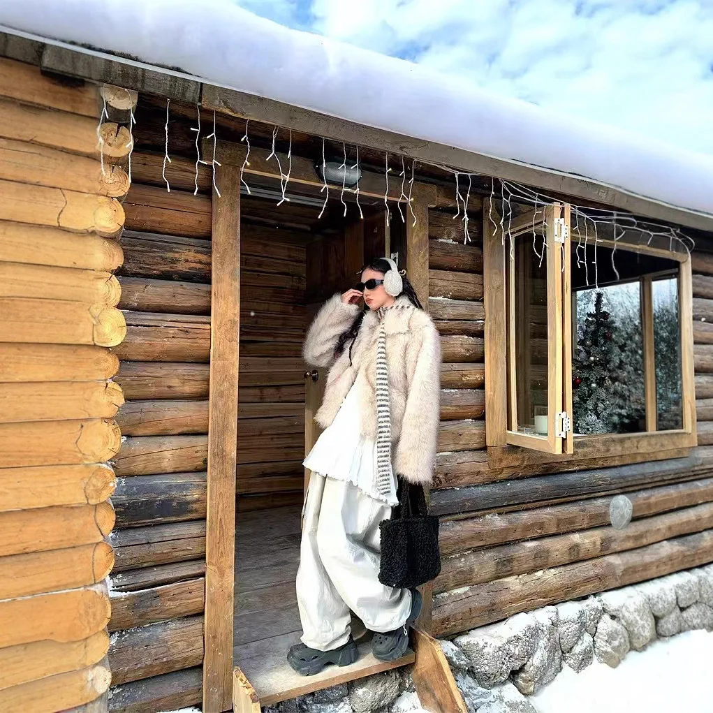 KIDCRKJ Women Winter Mink Fur Coat Beige Lapel Collar Short Lady's Imitation Fur Jacket Stylish Faux Fur Outwear For Female