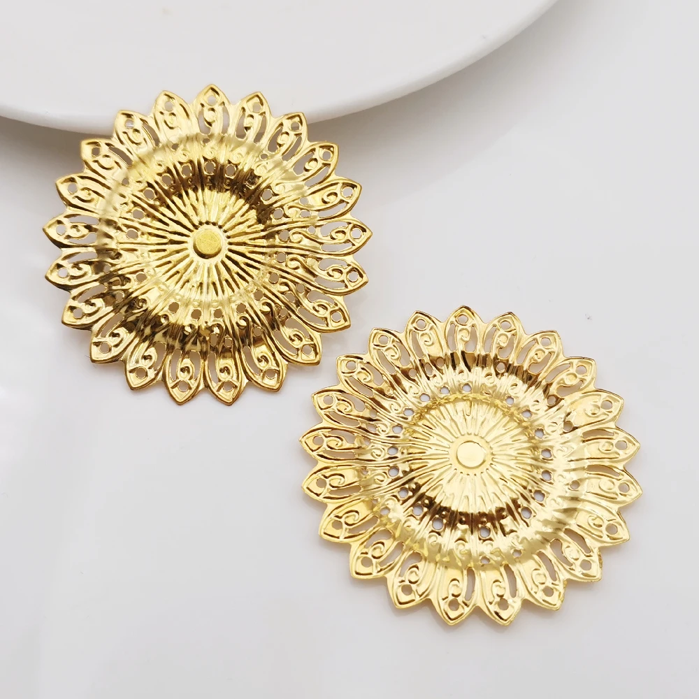 40 PCS DIY Jewelry Accessories 46mm Gold Color Metal Filigree Round Flowers Slice Charms Base Setting Making Findings