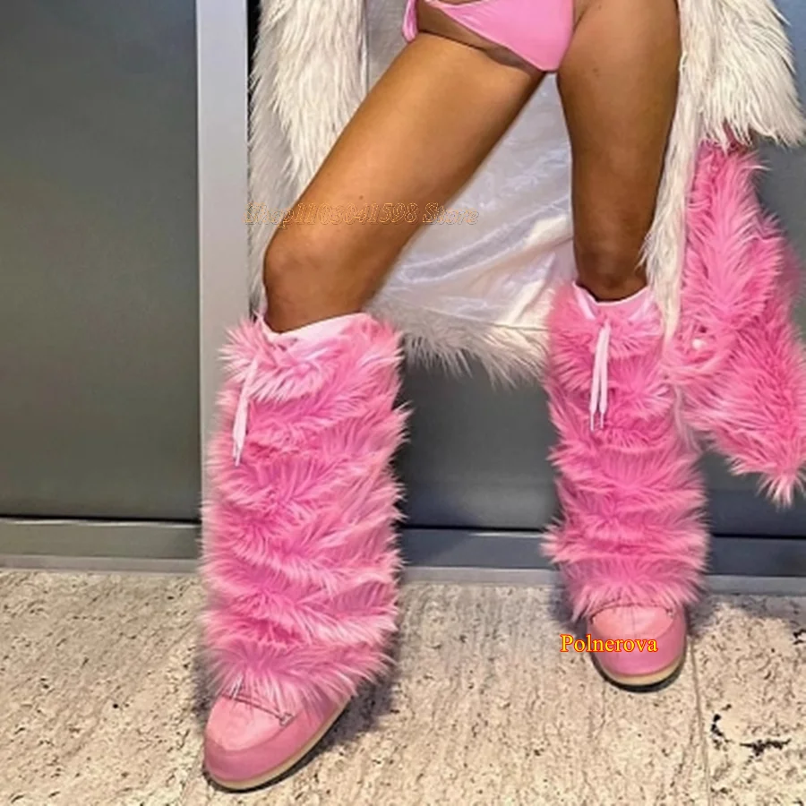 Pink Furry Knee High Boots,Autumn Winter Warm Boots Comfortable Round Toe Platform Long Boots Party 2023 New Zapatos Para Mujere