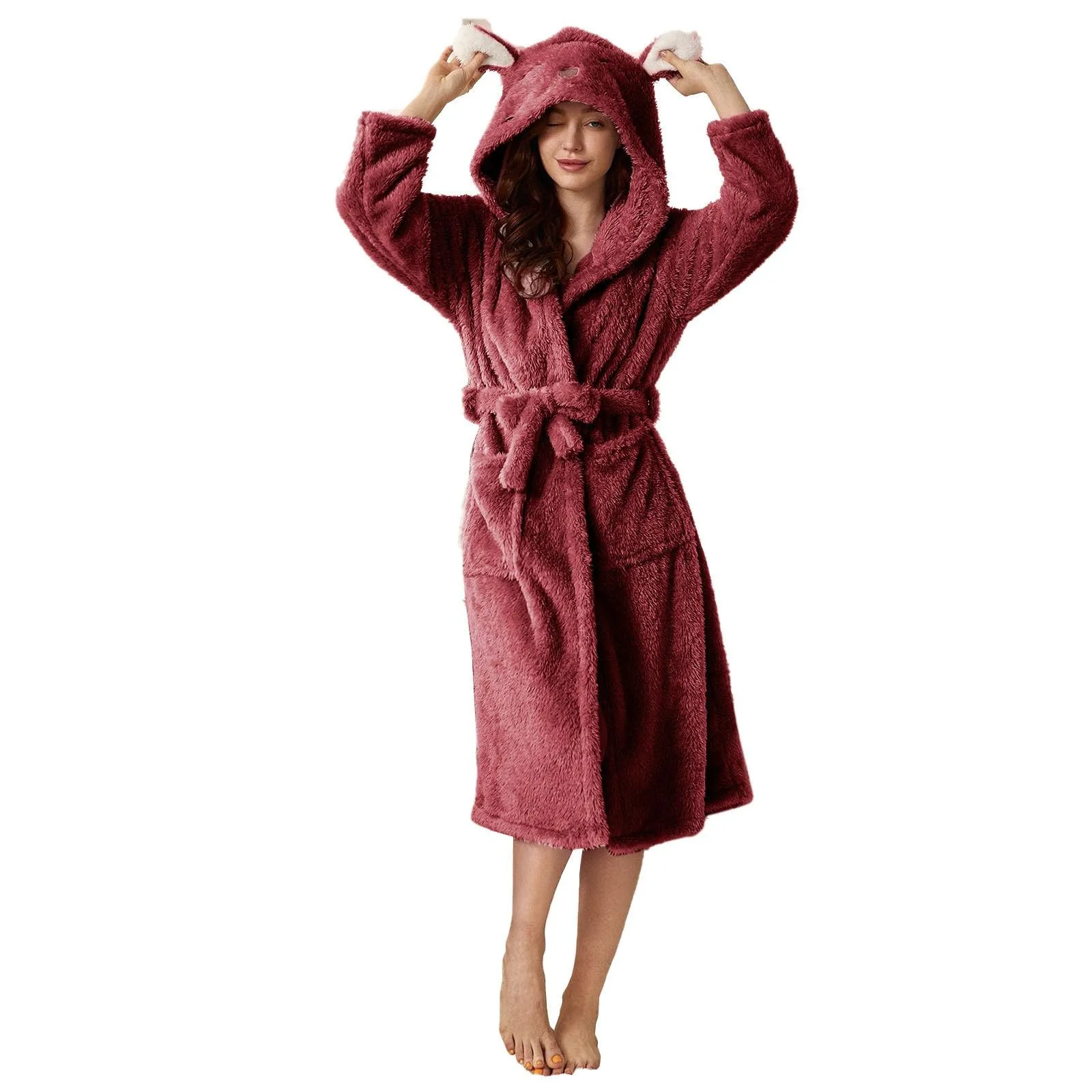 

Fall and Winter Plush Thicken Night Robe Basic Solid Color Bathrobe with Rabbit Shaped Hooded Soft Comfortable Home Wear