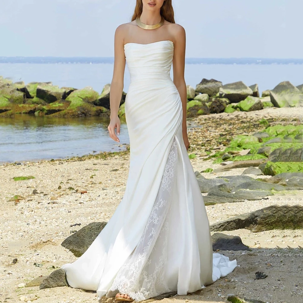 

Mermaid Strapless Wedding Dress with Pleat and Lace Sleeveless Floor Length Sexy Open Back Bridal Sweep Train Seaside Gowns