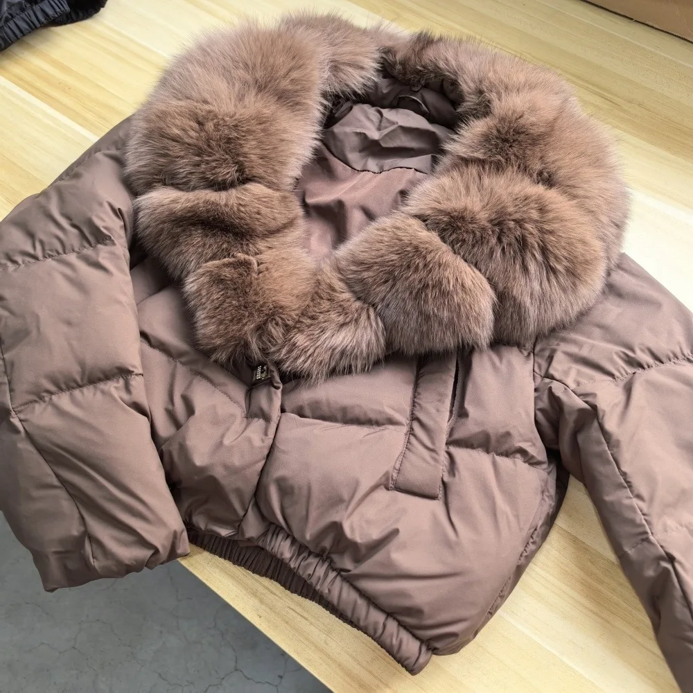 Jaket Parka Pendek CXFS Musim Dingin Baru, Bulu Rubah Alami Tebal dan Lembut, Mantel Puffer Wanita Kancing Hangat Isi Bulu Angsa Putih 90%, Tahan Air