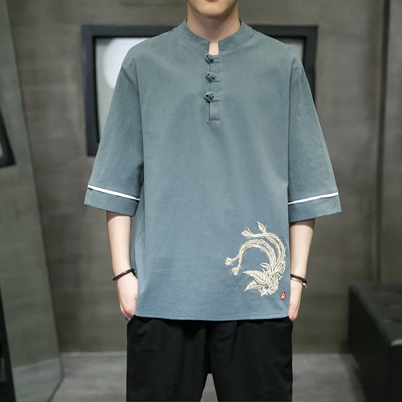 Summer Chinese Style Phoenix Embroidery Short Sleeve Plus Size Casual T Shirt Ethnic Style Oversized Buckle Top Men Clothing