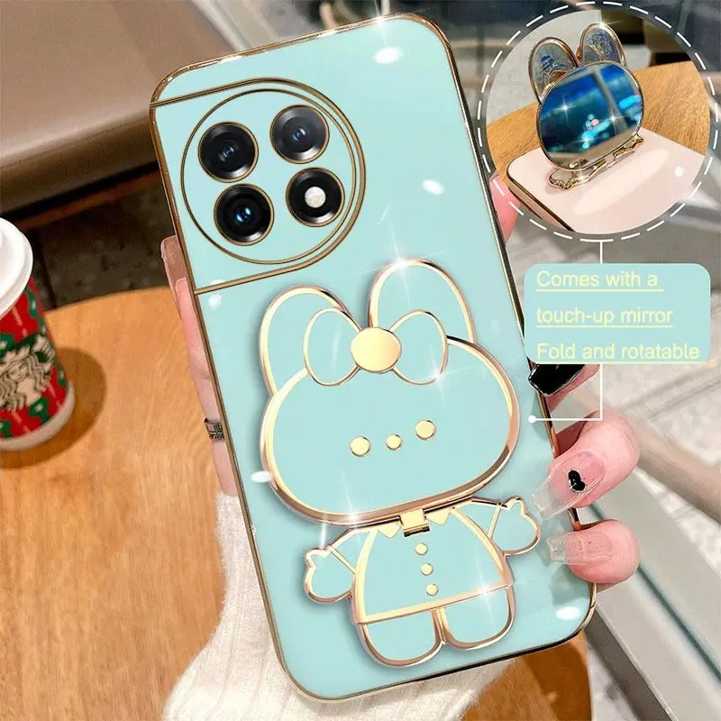 Rabbit Mirror Bracket Phone Case For Oneplus 11 11R 10 10R 10T 9R 9RT 9 8T 8 7 7T Pro NORD 2 5G Plating Holder Silicone Cover