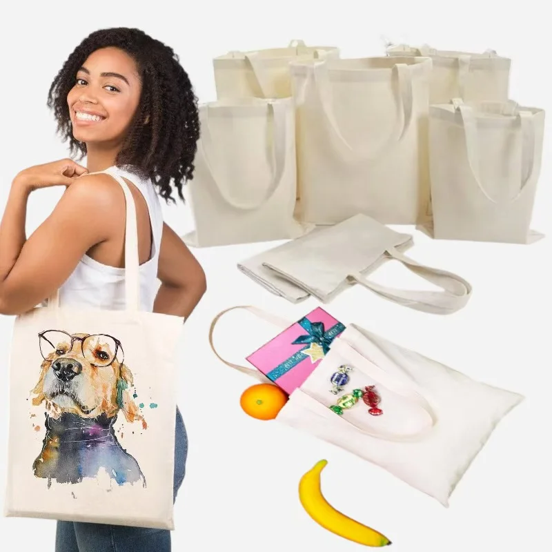 

Multi Sizes Large Capacity Beige Canvas Shoulder Tote Bag Folding Eco Cotton Handbag Reusable DIY Shoulder Bag Shopping Bag