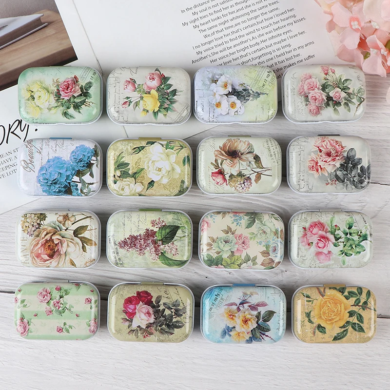 1PC Random Color 6x4x2.5cm Small Rectangular Mini Flower Pattern Tin Trinket Jewelry Coin Box Tinplate Storage Case Tinplate Box