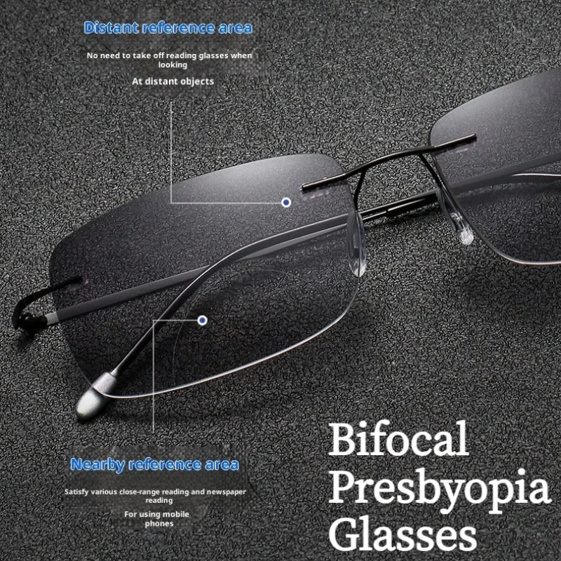Ultraleichte Lesebrille mit grauen/Teelinsen, randlose Sonnenbrille, elastische Brillenbeine, leicht und angenehm zu tragen