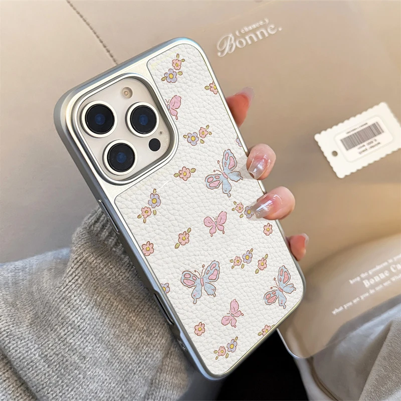 الفراشات والنباتات جراب هاتف آيفون 11/12/13/14/15/16/17 برو ماكس الهواء زائد الايبوكسي جراب هاتف نسيج جلد البولي يوريثان