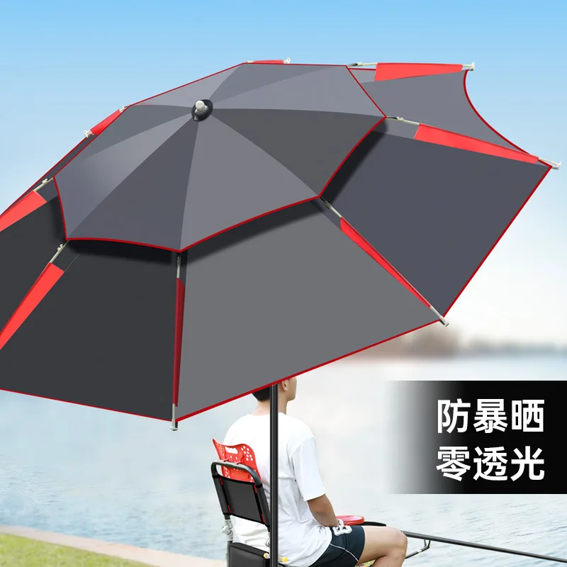 釣り用傘-二層構造-ブラックコーティング-防雨-日よけ-厚手-防風-金属ポール-調節可能-アウトドアパラソル
