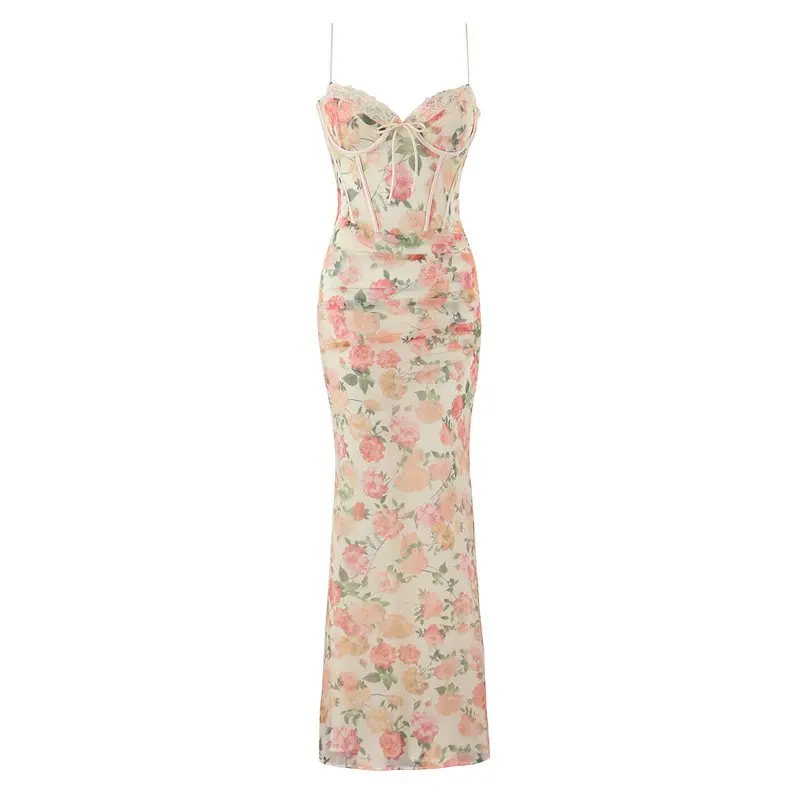 

XNWMNZ High Quality 2026 New Women's Summer Floral Print Lace Corset Bodice Maxi Dress Ruched Bodycon Long Dress