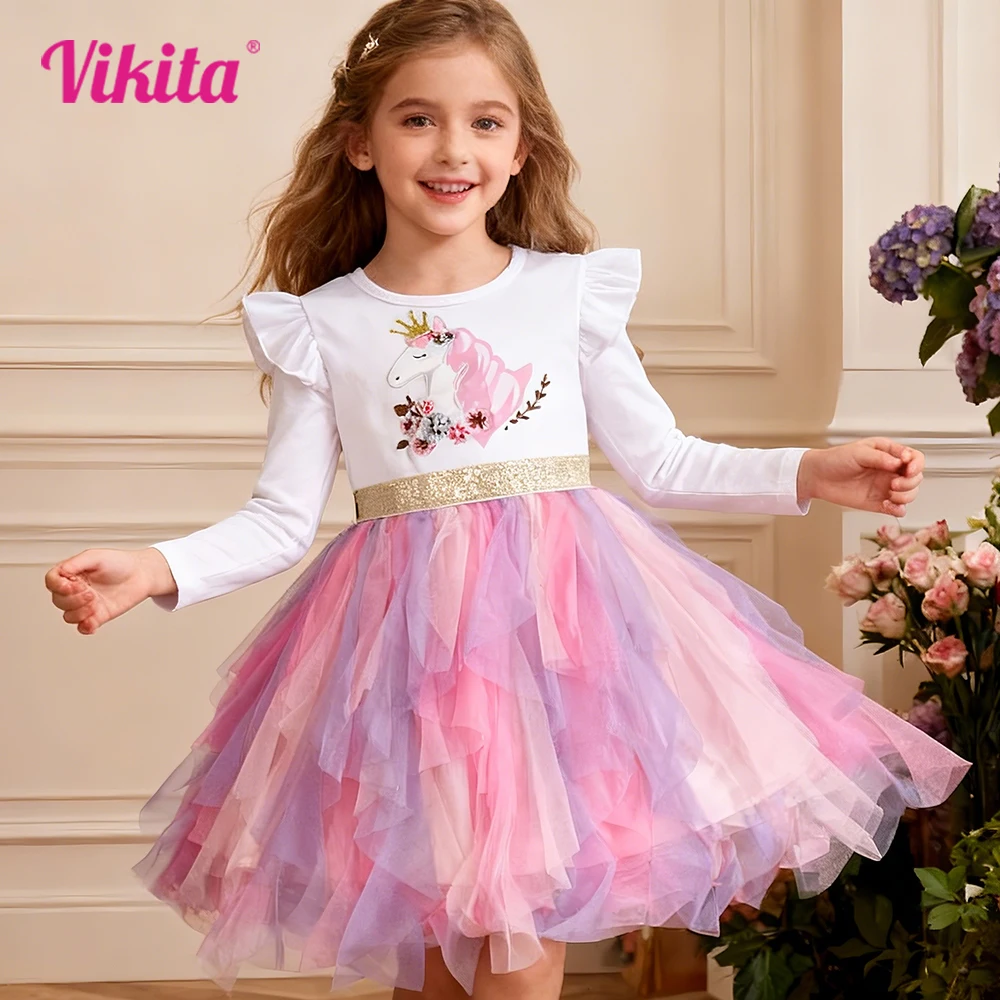 

VIKITA Kids Long Sleeve Autumn Spring Dress Girls Licorne Flower Print Cartoon Dress Girls Irregular Mesh Tulle Princess Dresses