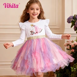 VIKITA Kids Long Sleeve Autumn Spring Dress Girls Licorne Flower Print Cartoon Dress Girls Irregular Mesh Tulle Princess Dresses