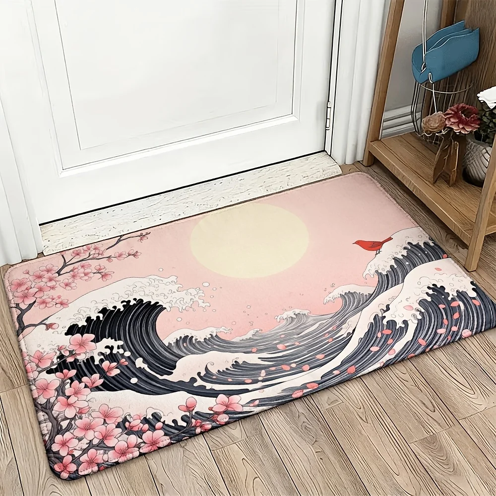 Sakura Cherry Blossom Wave Anime Style Door Mat Japanese Floral Entrance Rug Home Decor Waterproof Outdoor Indoor Mat for Front
