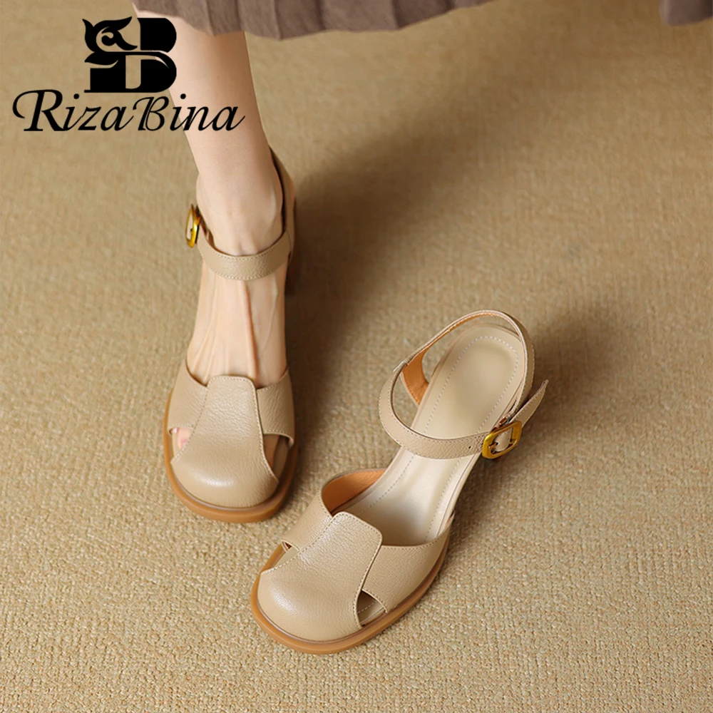 

RIZABINA Real Leather Women Sandals Closed Toe Metal Buckle Thick High Heel Summer Shoes Daily Casual Slingback Shoes Size 36-40