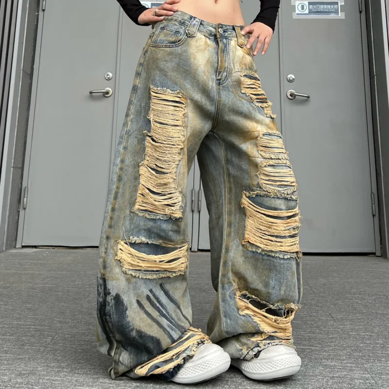 ANJY Spring Autumn New Women Washed Heavy Distressed Ripped Design Jeans Loose Vintage Trendy Casual Wide-leg Denim Pants A21810