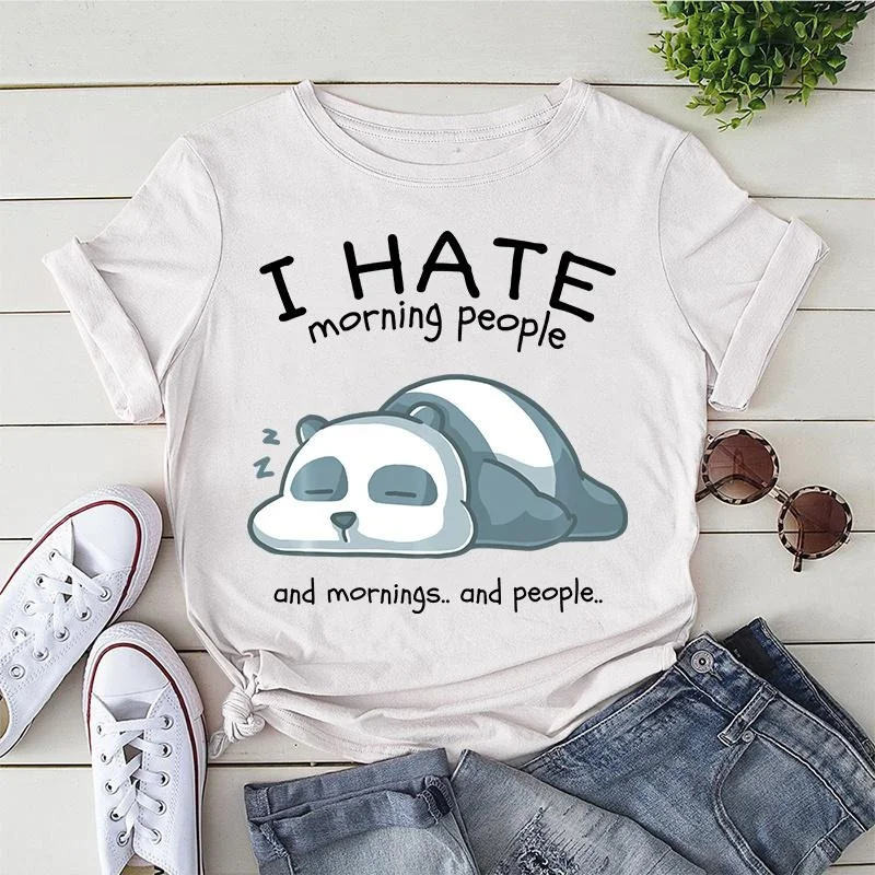 Cute I Hate Morning People Print T-shirts For Women Summer Lovely Short Sleeve Casual Round Neck T-shirts Ladies Creative Tops