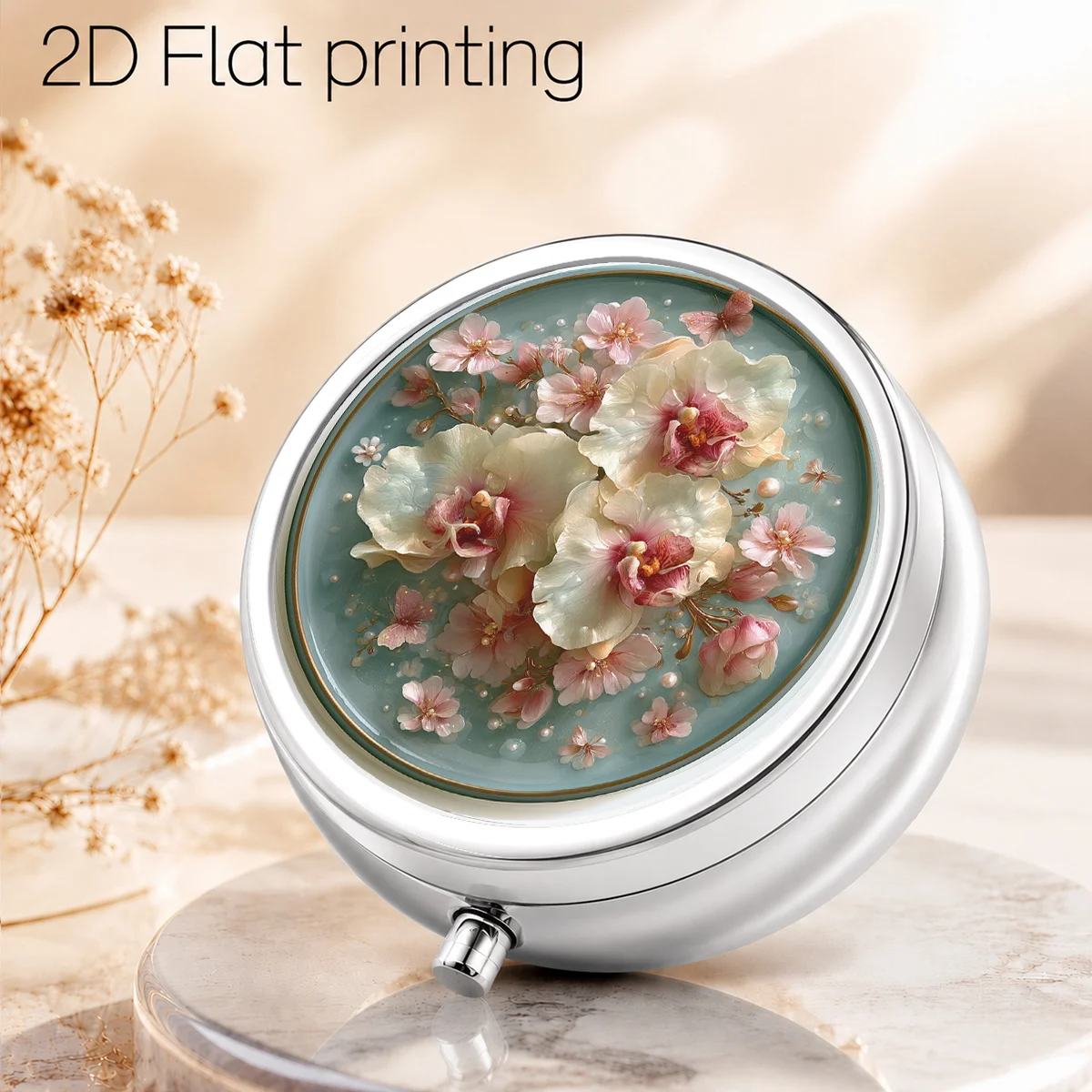 Single-Piece, Flat, Retro Floral Embossed Character Illustration, Portable Daily Travel Moisture-Proof Small Pill Box, Multifunctional Storage Box for Storing Vitamins and Health Supplements, Small Jewelry Storage Box, Waterproof Storage Box, Flat Design
