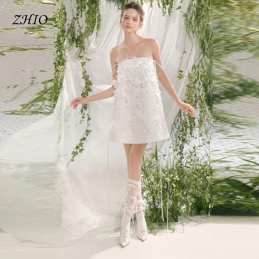 ZHIO Bezauberndes kurzes Brautkleid, trägerlos, mit 3D-Blumen, gerade, ärmellos, nach Maß, Mini-Hochzeitsregister-Kleider