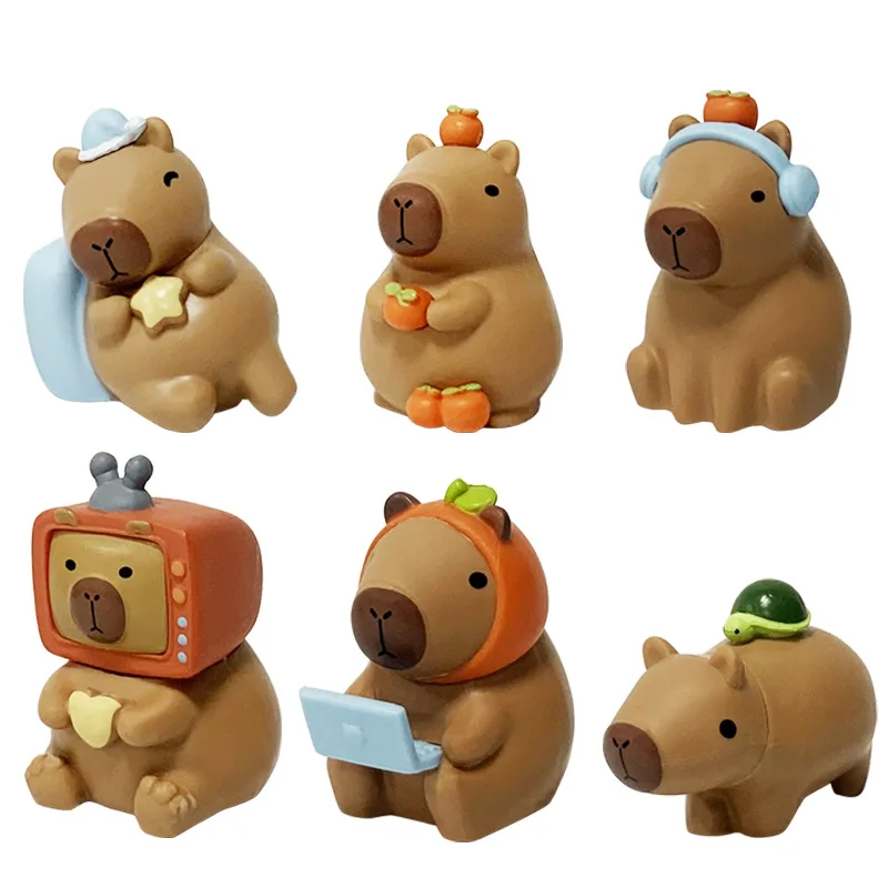 6 Pcs/Lot Kawaii Animal Capybara Figure Cute Little Natural Lovely Ornaments Cartoon Dolls Model Gifts