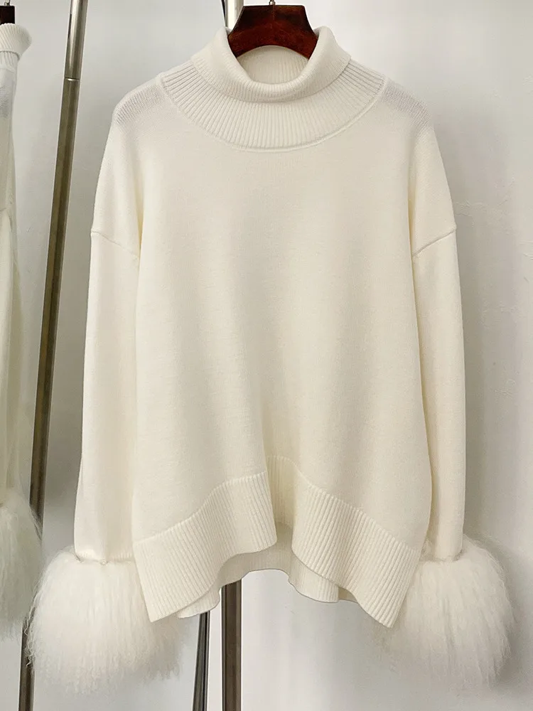 ZMEENNA ผู้หญิง Elegant คอสูงถักเสื้อกันหนาวหรูหรา Faux FUR Cuffs COZY แขนยาว Chic ฤดูหนาวความอบอุ่น ZM3417