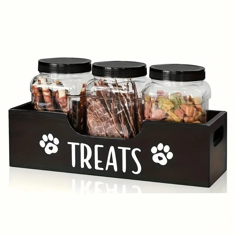 Haustier-Snackbox aus Naturholz mit 3 versiegelten Kunststoffbehältern – luftdichter Aufbewahrungsorganisator für Katzen- und Hundefutter