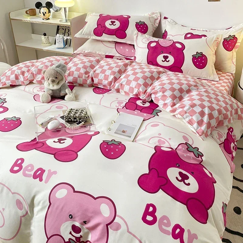 Fashion Cartoon Bedding Set Spring Duvet Cover Flat Sheet Pillowcase Cute Bear Home Textile Boys Girls Comforter Cover Bed Linen