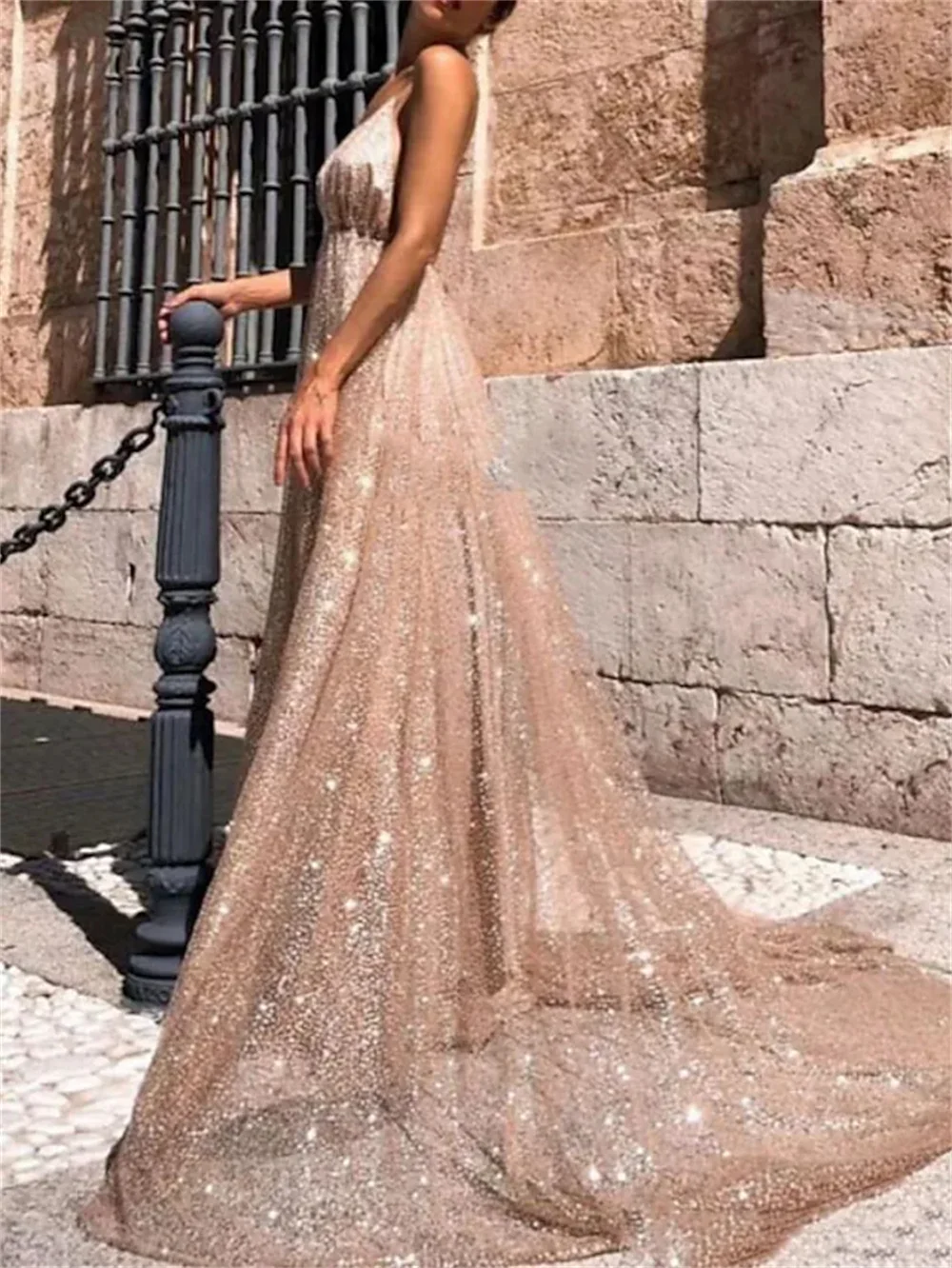 Robe de Soirée Trapèze en Mousseline de Soie Pailletée pour Femme, Tenue Sexy Dos auxen Tulle Plissé avec Traîne en V, 2023