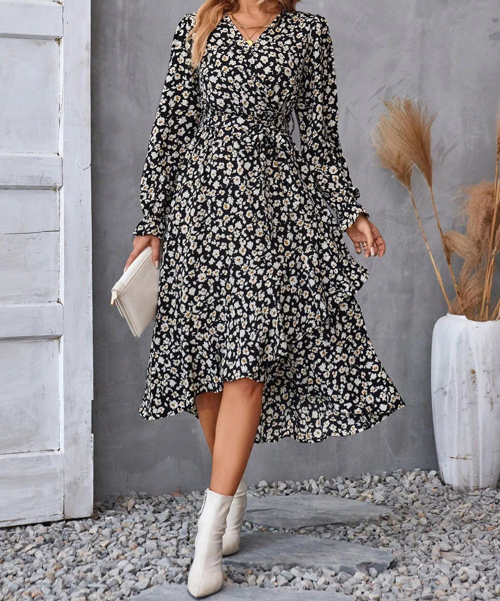 2023 Autumn Spring Printed Dress Elegant Women Sexy V-neck Long Sleeved Dress For Women's Split  Pringting Dresses Women Dresses