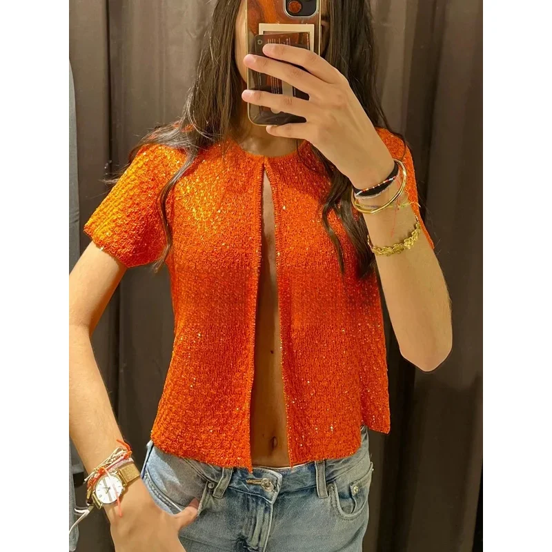 

Elegant Sequin Knitted Cardigan Sweater for Women Short Sleeve Cropped Knit Top with Suspenders Street Fashion Vacation Wear