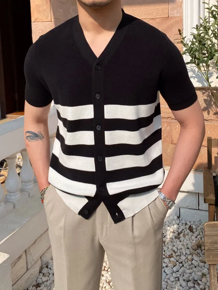 Business Men Casual V Neck Single Breasted Breathable Knitted T-Shirt Vintage Striped Short Sleeve Summer New Tees Tops Knitwear