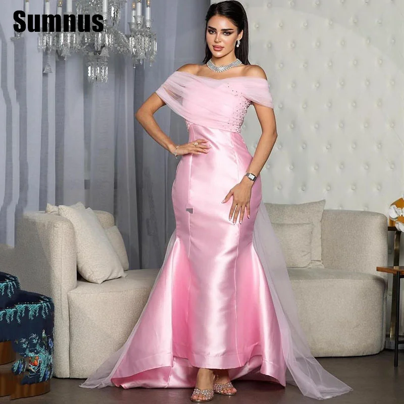 

SUMNUS Light Pink Satin Prom Dresses Simple Mermaid Off The Shoulder Party Dresses Sweetheart Ankle-Length Gowns Customized